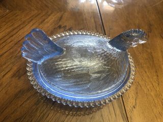 Vintage Indiana Cornflower Blue Glass Hen On Nest Lid Chicken Candy Dish