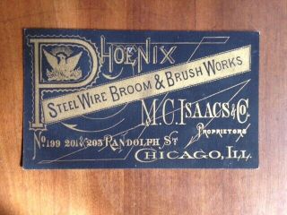 Striking Black Gold 1880s Trade Card Phoenix Isaacs Chicago Broom Brush Maker