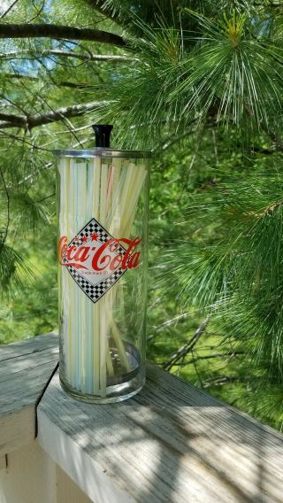 Coca Cola Straw Dispenser Glass & Chrome With Checkerboard Motif