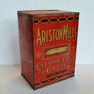 Rare Vintage Tin Ariston Mills Calumet Tea & Coffee Company Chicago Red Hinged
