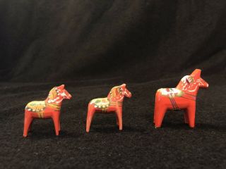 3 Delacarlian Brick Red Dala Wood Painted Horse Figurines Sweden