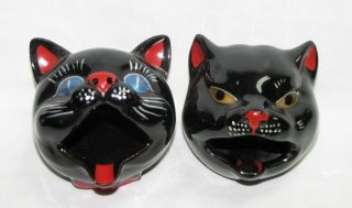 2 Vintage Shafford Japan Black Cat Head Ashtray Redware / Incense Burner