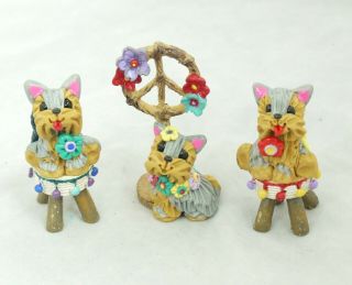 Yorkshire Terriers Set Of 3 Peace Love & Yorkies Boho Pup Figurines Miniatures