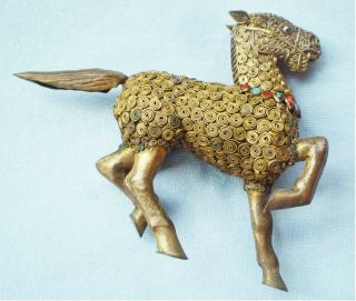 Antique Nepalese Tibetan Brass Filigree Horse Figurine Coral Turquoise Stones