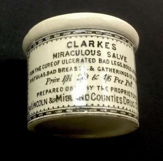 Clarke’s Miraculous Salve Pot - Ceramic,  From England,  1.  5” Height,  2” Diameter