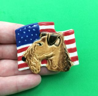 Usa Flag Airedale Terrier Jewelry Brooch Ceramic Art Sculpture Ooak Hand Made