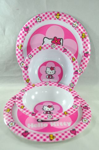 Vintage 2001hello Kitty Plate And Bowl Set Pink Gingham Trudeau Brand