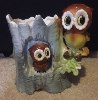 Vintage Ardco Owl Ceramic Planter Made In Japan Adorable Owls On Tree
