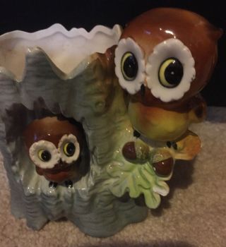 Vintage Ardco Owl Ceramic Planter Made In Japan Adorable Owls On Tree 5
