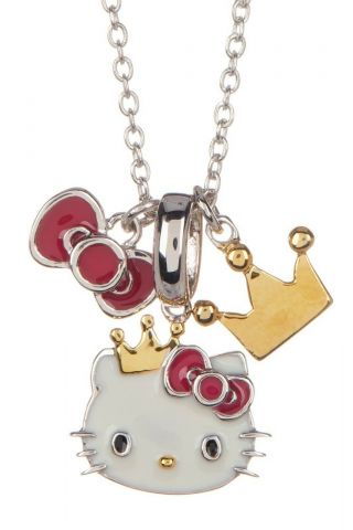 Hello Kitty Sterling Silver Necklace W/gold Plated Crown & Red Bow Charms