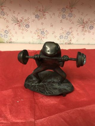 Brass Bronze Frog Lifting Weights On Lily Pad