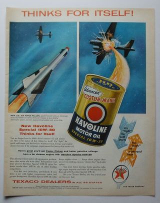 Texaco Havoline Motor Oil Ad,  Falcon Guided Missile,  Approx.  10 " X 13 "