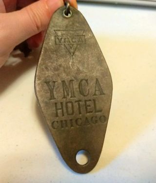 Vintage Ymca Hotel Chicago Hard Leather? Skeleton Room Key Fob Old Rare