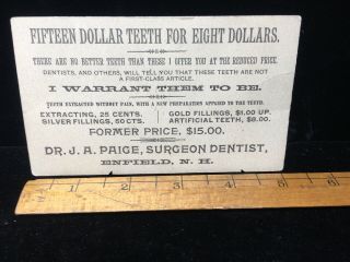 Antique Dentist Trade Card Dr.  J.  A.  Paige Enfield NH Circa 1880 Surgeon Teeth 3