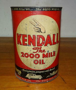 Antique " Kendall The 2000 Mile " 5 Quart Oil Metal Can