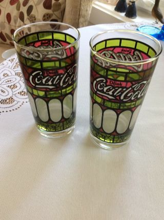 Coca Cola Tumbler Tiffany Style Red Green Stained Glass Drinking Glass - Coke X2