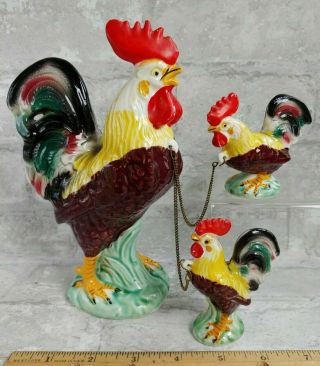 3 Pc Vintage Ceramic Roosters Chained Farm Animal Baby Chicken Figurines Japan