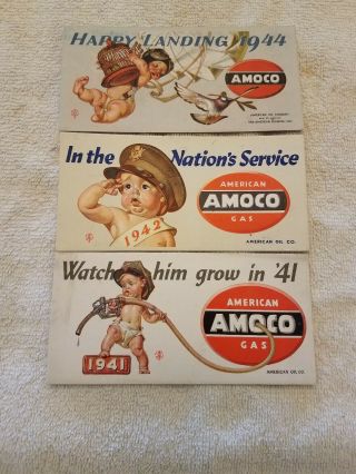 3 1940s Amoco American Gas Oil Ww2 Fountain Pen Ink Blotter