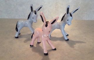 Vintage Donkey Burro Set Of 3 Blue And Pink Miniature Ceramic Animals
