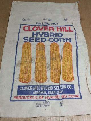 Vintage Clover Hill Hybrid Seed Corn Sack Sac Cloth Bag / Farm / Audubon Iowa