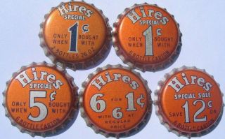 Hires Blue 1¢,  1¢,  5¢,  6 For 6 @ 1¢ & 12¢ Root Beer Soda Bottle Caps Cork