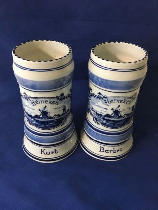 Set Of Vintage Ceramic Hand Painted Delft Blue Heineken Beer Stein/mugs Holland