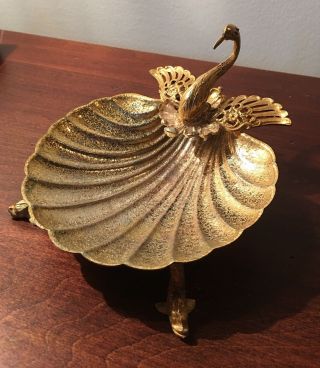 Vintage Ornate Hollywood Regency Brass Gold Seashell Swan Trinket Soap/dish