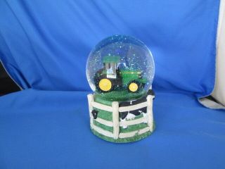 John Deere Tractor Musical Snowglobe W/ Fence & Cows Down By The Old Mill Stream