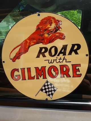 Gilmore Roar With Porcelain Gasoline Oil Advertising Sign