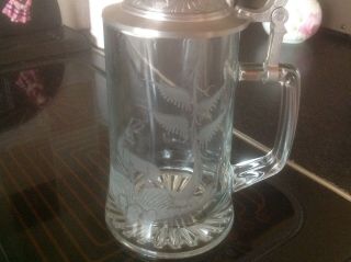 Vintage Glass Beer Tankard With Pewter Lid By Domex Etched With A Deer.