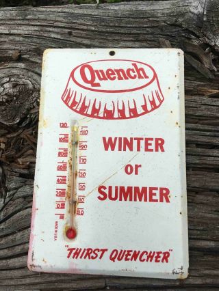 Vintage Quench Soda Winter Or Summer Painted Metal Small Advertising Thermometer