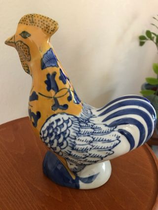 Blue And Yellowfloral Rooster Figurine Ceramic Chicken Blue Tole Flowers 8 " Tall