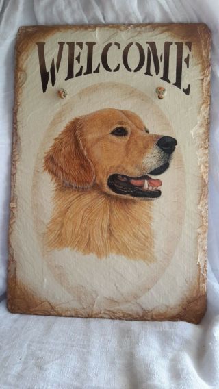 Golden Retriever Slate Hand Painted Welcome Sign Rawhide Hanger Vintage 12 " X 8 "