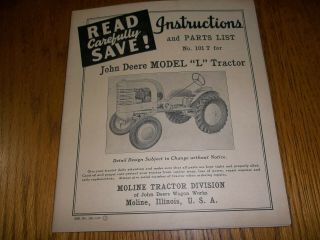 Vintage Instructions & Parts List No.  101t For John Deere Model " L " Tractor 1939