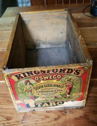 Vtg Dovetail Wood Crate Paper Label Kingsford ' s Silver Gloss Starch Oswego NY 2