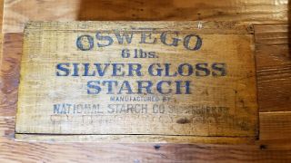 Vtg Dovetail Wood Crate Paper Label Kingsford ' s Silver Gloss Starch Oswego NY 8