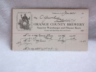 1915 Pre - Prohibition Orange County Brewery Receipt Wurzburger And Pilsener Beers