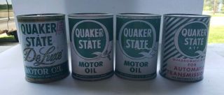 4 Vintage Quart Size Quaker State Oil & Transmission Fluid Cans - 3 Full