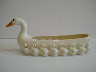 Vtg Ceramic Duck W/ Babies Cracker Dish Or Planter Ducks In A Row Goose Swans