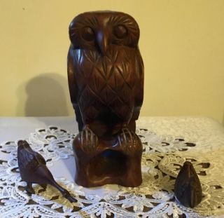 Carved Wooden Owl And Two Geese Vintage 8 " High
