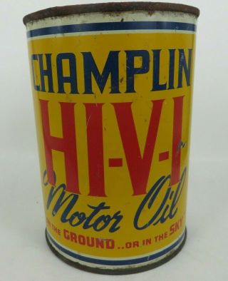 Champlin Hi - V - I Motor Oil Quart Can Tin Enid Oklahoma Ground Or Sky Car Or Plane