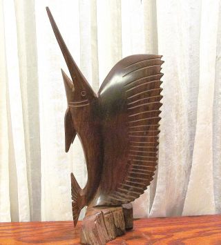 Hand Carved Sword Fish Sculpture Figurine From Iron Wood 16 " Usa