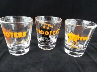 Hooters Shot Glass Set Of 3 - Lewisville Tx,  San Antonio Tx,  And Miami Fl.  3oz