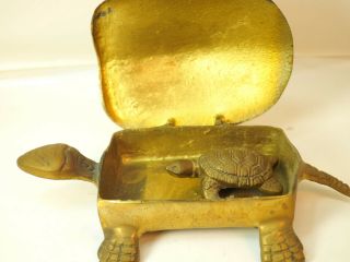 Vintage 7 " Turtle Tortoise Brass Hinged Korea 2 " Cast Brass Sea Turtle Inside