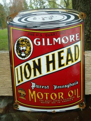 Vintage Old Gilmore Lion Head Motor Oil Can Porcelain Gas Pump Sign