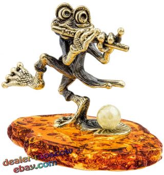 Bronze Solid Brass Baltic Amber Figurine Musician Frog With A Flute Statuette