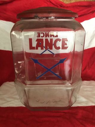 Vintage Large Lance Counter Top Jar With Metal Lid Embossed Lid And Glass 11x9