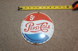 Vintage Pepsi Cola 5 Cents Porcelain Metal Sign Soda Pop Diner Fountain Rare