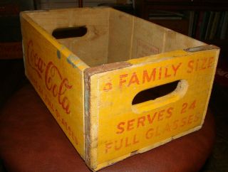 VINTAGE YELLOW COKE CRATE WOOD FAMILY SIZE COCA - COLA 2