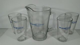 Bud Light Beer Pitcher And 4 Glasses Heavy